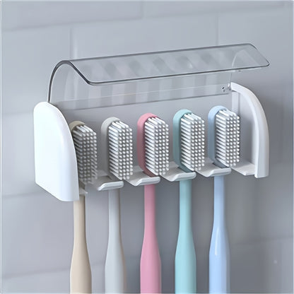 5-Slot Toothbrush Holder with Lid, Self-adhesive Wall Toothbrush Storage Rack, Plastic Bathroom Supplies, Suitable for Dormitories and Showers, Can Hold 5 Toothbrushes, No Electricity Required, Perfect Bathroom Accessory