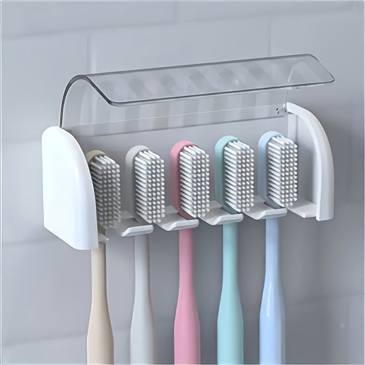 5-Slot Toothbrush Holder with Lid, Self-adhesive Wall Toothbrush Storage Rack, Plastic Bathroom Supplies, Suitable for Dormitories and Showers, Can Hold 5 Toothbrushes, No Electricity Required, Perfect Bathroom Accessory
