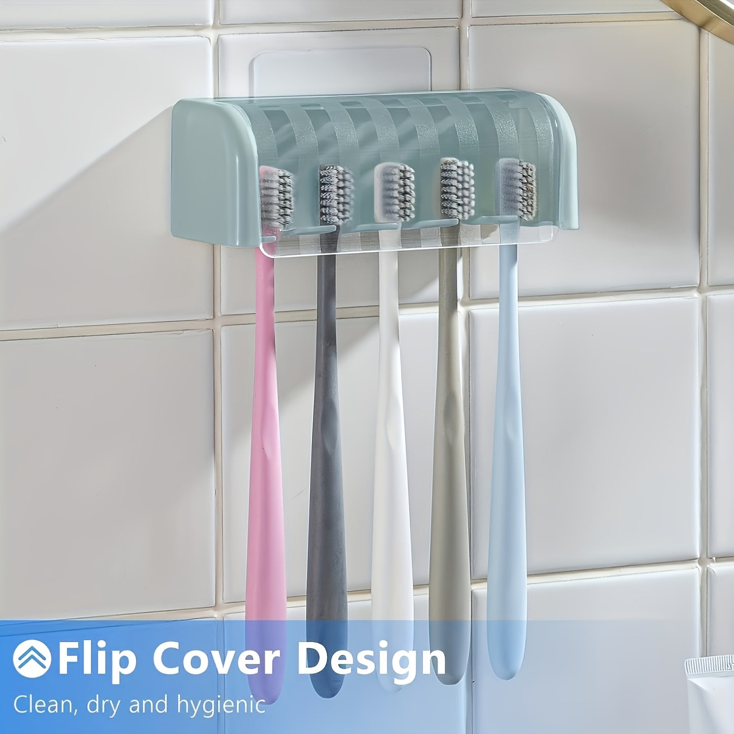 5-Slot Toothbrush Holder with Lid, Self-adhesive Wall Toothbrush Storage Rack, Plastic Bathroom Supplies, Suitable for Dormitories and Showers, Can Hold 5 Toothbrushes, No Electricity Required, Perfect Bathroom Accessory