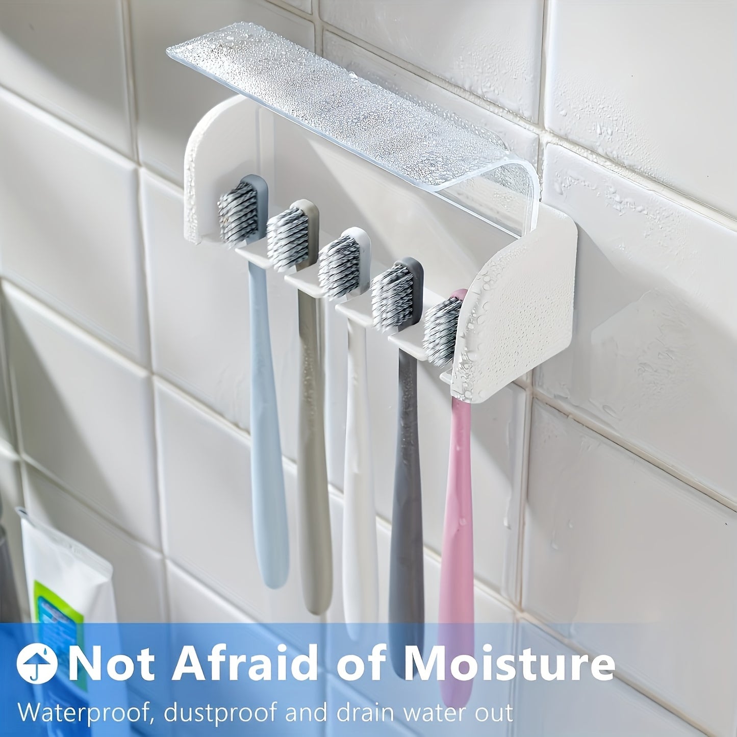 5-Slot Toothbrush Holder with Lid, Self-adhesive Wall Toothbrush Storage Rack, Plastic Bathroom Supplies, Suitable for Dormitories and Showers, Can Hold 5 Toothbrushes, No Electricity Required, Perfect Bathroom Accessory