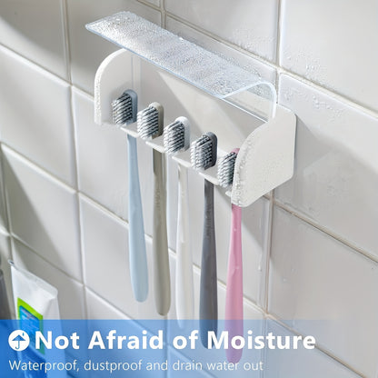 5-Slot Toothbrush Holder with Lid, Self-adhesive Wall Toothbrush Storage Rack, Plastic Bathroom Supplies, Suitable for Dormitories and Showers, Can Hold 5 Toothbrushes, No Electricity Required, Perfect Bathroom Accessory