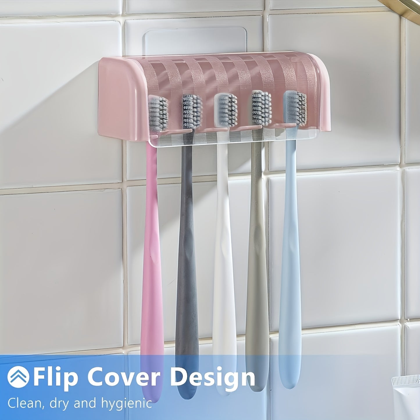 5-Slot Toothbrush Holder with Lid, Self-adhesive Wall Toothbrush Storage Rack, Plastic Bathroom Supplies, Suitable for Dormitories and Showers, Can Hold 5 Toothbrushes, No Electricity Required, Perfect Bathroom Accessory