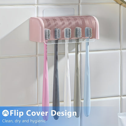 5-Slot Toothbrush Holder with Lid, Self-adhesive Wall Toothbrush Storage Rack, Plastic Bathroom Supplies, Suitable for Dormitories and Showers, Can Hold 5 Toothbrushes, No Electricity Required, Perfect Bathroom Accessory