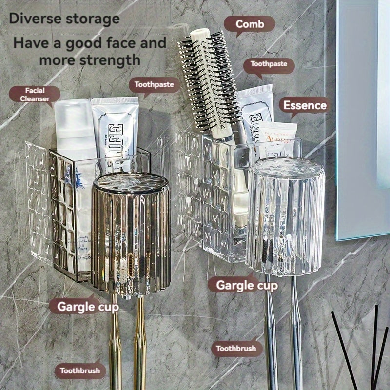 1pc Minimalist Wall-Mounted Toothbrush Holder with Drainable Cup - Dustproof, Plastic, Ideal for Bathroom Organization of Toothbrushes and Mouthwash Cups, Toothbrush Holder