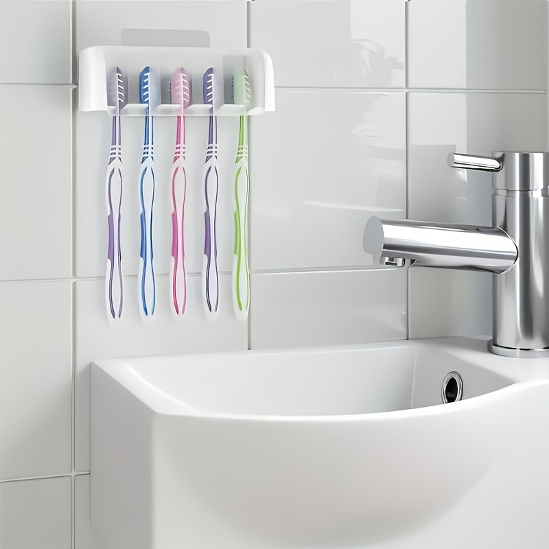 5-Slot Toothbrush Holder with Lid, Self-adhesive Wall Toothbrush Storage Rack, Plastic Bathroom Supplies, Suitable for Dormitories and Showers, Can Hold 5 Toothbrushes, No Electricity Required, Perfect Bathroom Accessory
