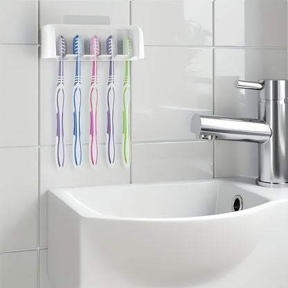 5-Slot Toothbrush Holder with Lid, Self-adhesive Wall Toothbrush Storage Rack, Plastic Bathroom Supplies, Suitable for Dormitories and Showers, Can Hold 5 Toothbrushes, No Electricity Required, Perfect Bathroom Accessory