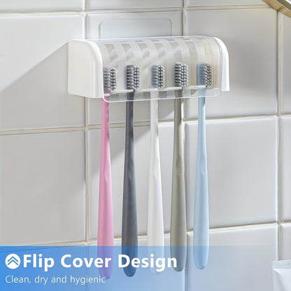 5-Slot Toothbrush Holder with Lid, Self-adhesive Wall Toothbrush Storage Rack, Plastic Bathroom Supplies, Suitable for Dormitories and Showers, Can Hold 5 Toothbrushes, No Electricity Required, Perfect Bathroom Accessory
